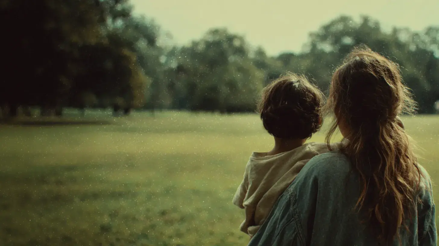 A parent holding her young child in a quiet park — a calm moment with a deeply feeling, highly sensitive child